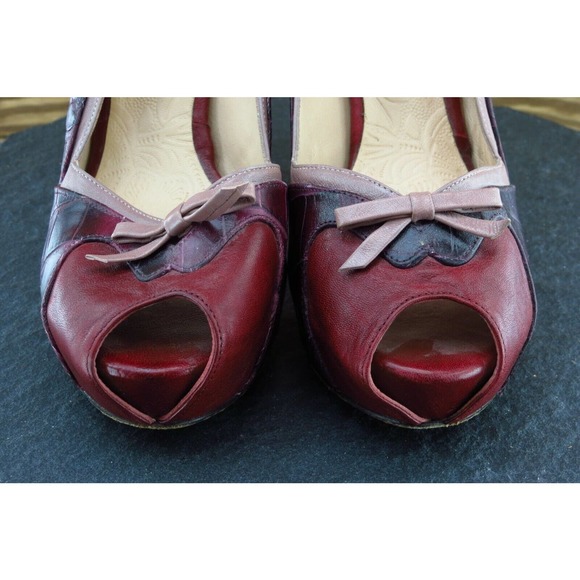 Rebeca Sanver Size 41 C Burgundy Open Toe Platform Leather Women 157 - Picture 2 of 8
